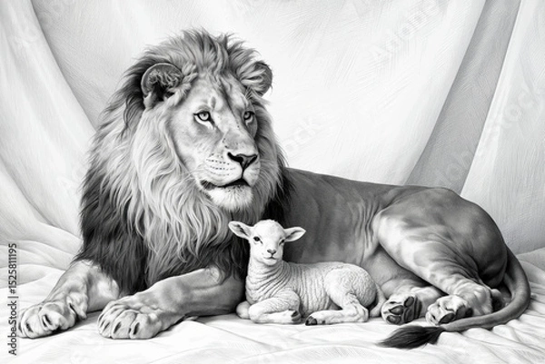 Fototapeta A black and white artistic photograph of a majestic lion lying on a white fabric background. 