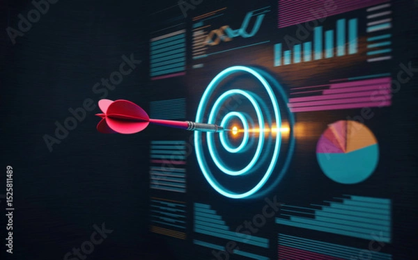 Fototapeta A digital marketing and analytics visualization with a glowing cyan neon target design on a dark background. 