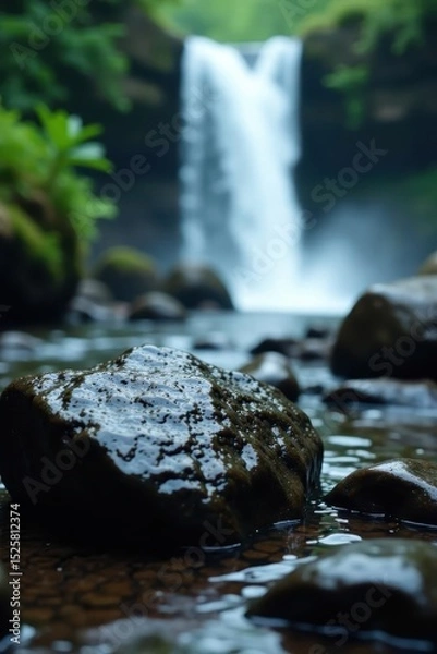 Fototapeta Wet, dark rocks dominate foreground with blurred waterfall background , scenic, nature