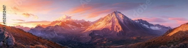 Fototapeta Panoramic view of jagged mountain range bathed in warm golden and pink sunset light with rocky foreground and expansive sky