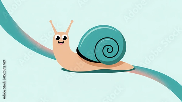 Fototapeta Flat Design Illustration of a Cheerful Cartoon Snail with a Teal Spiral Shell on a Soft Gradient Background