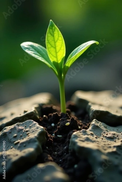 Fototapeta Resilient sprout cracks stone, new life emerges , resilience, seed