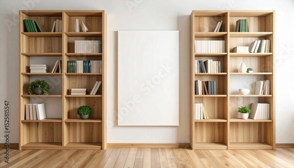 Fototapeta Blank vertical poster mockup in modern interior with wooden bookshelves on light wall background, perfect for clean design presentations and layouts. 3D Rendering