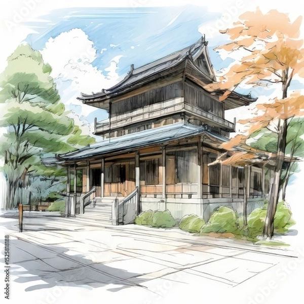 Fototapeta the AI Image Generator, Traditional Japanese Temple Surrounded by Trees