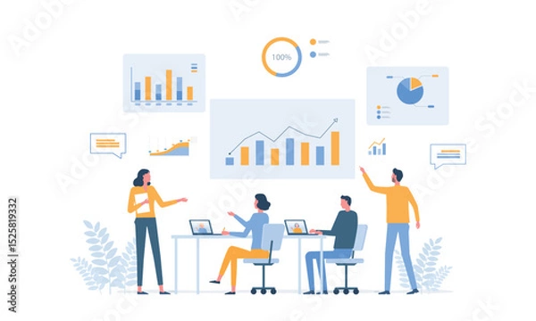 Obraz group business team meeting and working collaboration in office workplace concept. flat vector illustration 
