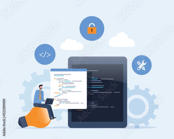 Fototapeta mobile application development. software develop programmer working concept. web design and mobile app design process. flat vector illustration