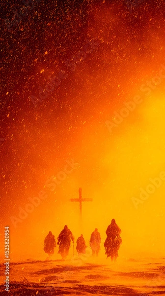 Obraz Christ explorers Walking Towards a Glowing Jesus Christ Cross in a Atmospheric Setting.
