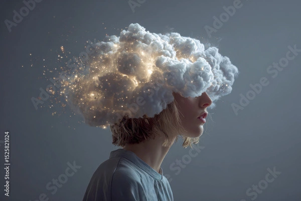 Obraz a large fluffy cumulus cloud rising from it like steam on over a head seriously woman.
