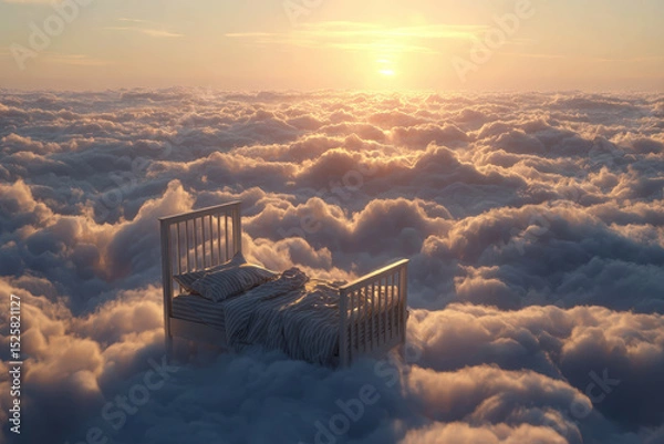 Obraz Bed floating amongst clouds at sunrise creating a surreal dreamlike atmosphere.