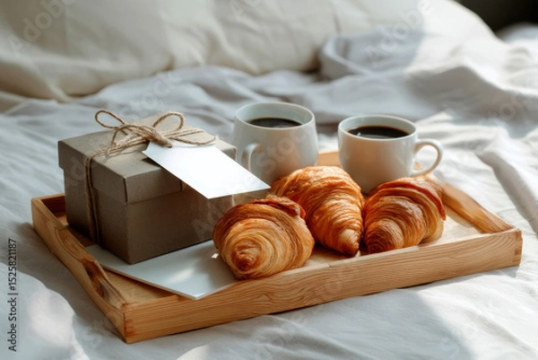 Obraz Croissant with coffee and gift box and white blank labeled card on a wooden tray.