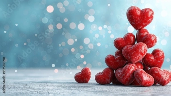 Obraz Romantic Red Hearts Stacked in a Pyramid Shape on Snowy Surface with Bokeh Background
