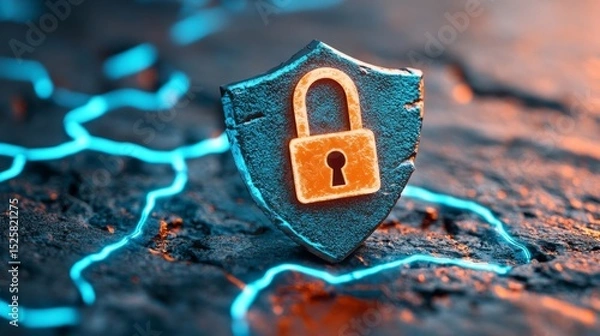 Obraz Cyber Security Shield Digital Lock Icon on Dark Textured Surface with Glowing Blue Lines