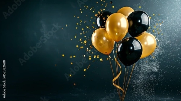 Obraz Elegant Gold and Black Balloons with Confetti, Festive Celebration Image