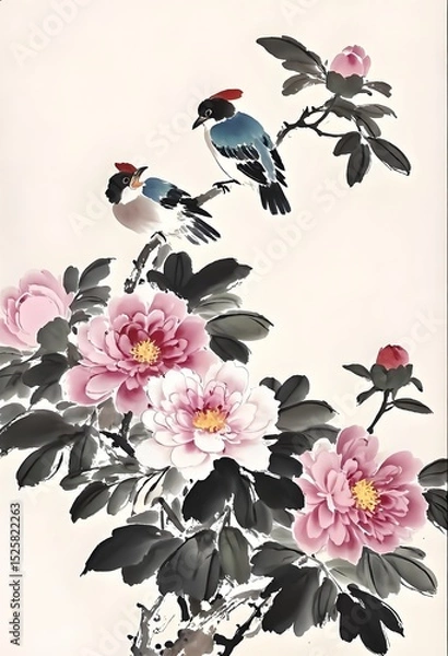 Obraz A traditional Chinese painting of two vividly colored birds perched gracefully among peonies. The birds have bright yellow chests, black faces, blue wings, and striking red caps