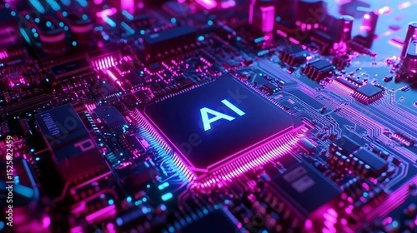 Obraz Futuristic AI Circuit Board Neon Pink and Blue Glow, Close-up View of Artificial Intelligence Processor