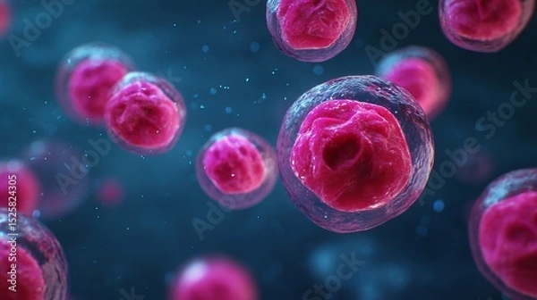 Obraz Microscopic View of Pink Cells in a Transparent Membrane, Floating in a Dark Blue Liquid