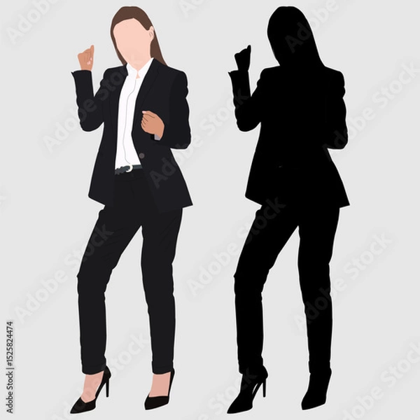 Obraz A businesswoman celebrates success with a joyful dance, depicted in both a color illustration and a stark silhouette.