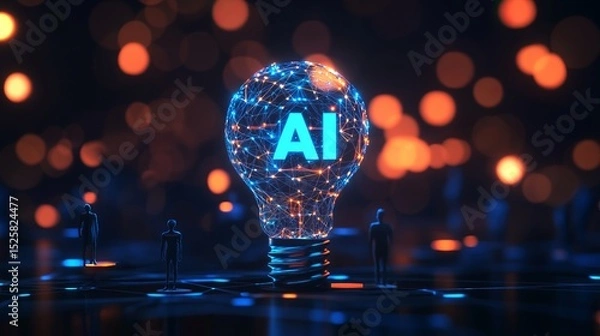 Obraz AI Innovation Futuristic Lightbulb with Network and Figures