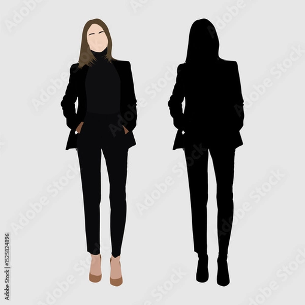 Obraz Woman in a black business suit with a turtleneck, full body and silhouette view