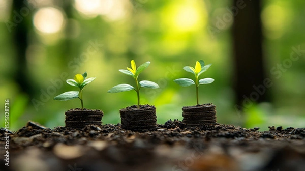 Fototapeta New beginnings bloom Three saplings rise from the earth symbolizing hope and growth in a vibrant forest with shallow
