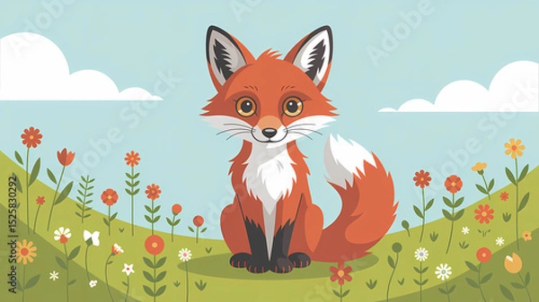Fototapeta Flat Design Illustration of a Red Fox Sitting in a Colorful Wildflower Field Under a Soft Blue Sky