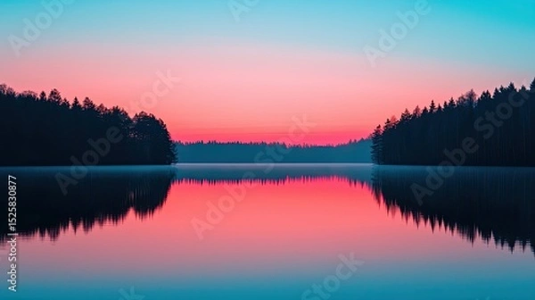 Obraz Tranquil Sunset Over Serene Lake and Forest Reflections