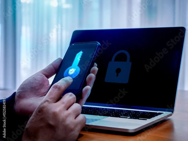 Obraz Two factor authentication or 2FA concept. Safety shield digital key icon on smart mobile phone screen in man hands while using laptop computer with padlock on display, cyber security technology.