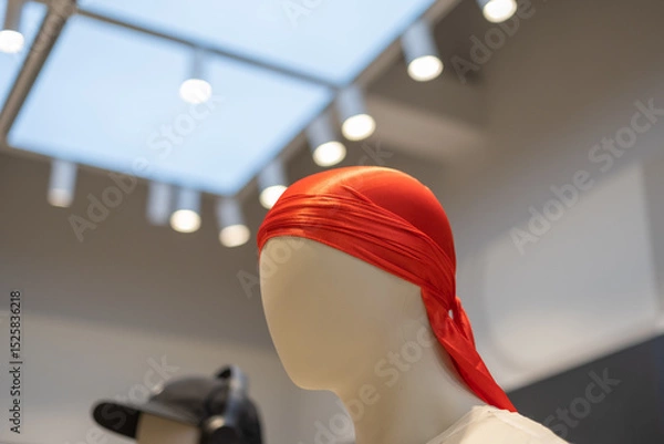 Fototapeta Minimalist mannequin head wearing a bright red durag under spotlight, displayed in a modern retail store with a geometric ceiling and stylish ambiance.
