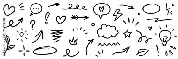 Fototapeta Line marker hand drawn brush arrow element set. Sketch pencil stroke vector graphic pen underline scribble icon. Hand drawn line heart, crown, star symbol highlight marker shape. Vector illustration