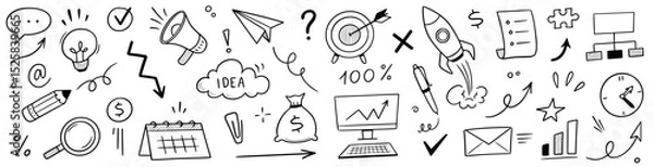 Fototapeta Business money sketch idea icon set. Hand drawn sketch elements for startup, project, goal and teamwork. Business graphic chart, rocket, growth marketing concept in chalkboard. Vector illustration