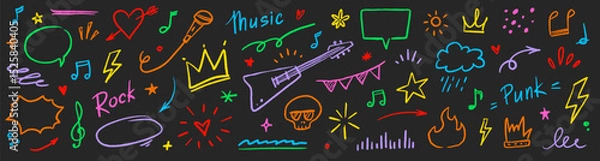 Fototapeta Music star doodle icon punk rock set. Hand drawn music sketch guitar, microphone, skull. Fun graffiti star shape doodle arrow, crown, speech bubble grunge decoration elements. Vector illustration