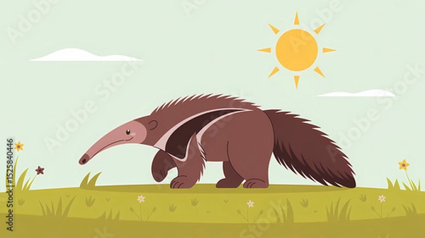 Fototapeta Flat Design Illustration of a Friendly Anteater in a Grassy Field with Wildflowers and a Bright Sunlit Sky