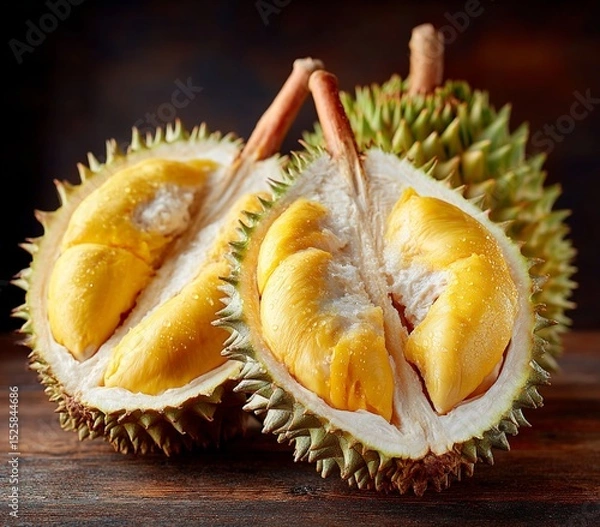 Fototapeta fresh durian with rich yellow meat, durian cut with creamy flesh and spiky shell