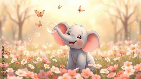 Fototapeta AI Generated Cute Baby Elephant Joyfully Blowing Soap Bubbles in a Flower Field