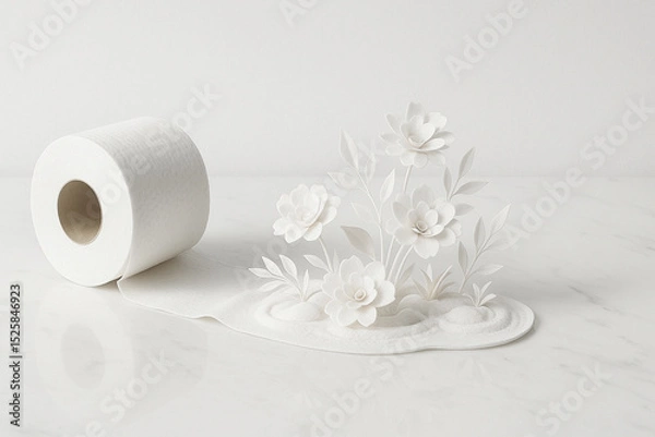 Fototapeta A single toilet roll unfurls into delicate paper flowers and leaves - Generative AI