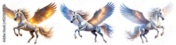 Obraz  Majestic flying Pegasus with glowing wings, fantasy illustration on white background