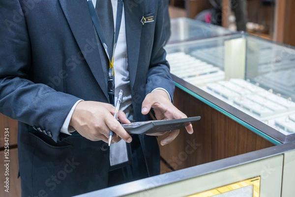 Fototapeta Male staff in suit using calculator and pen for jewelry inventory check at display counter. Business audit, retail management, and product stock control in luxury store environment.