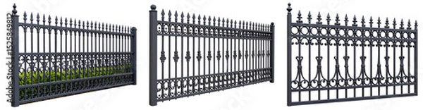 Obraz Ornate wrought iron garden fence segment with shadow, transparent background