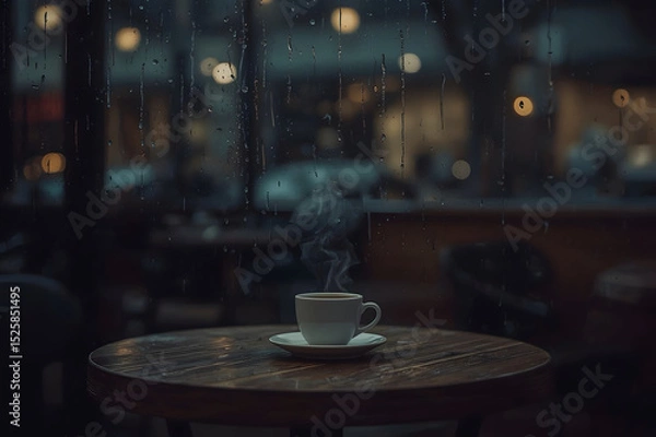 Fototapeta A hot coffee cup under the heavy rain and high modern building surrounding