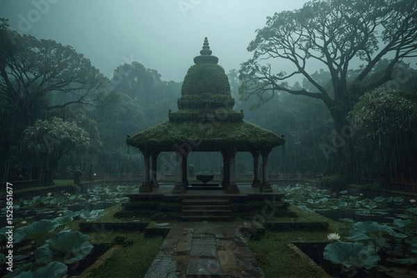 Fototapeta Detail image of Ancient Temple in the Rain