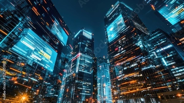 Fototapeta High-tech futuristic city skyline with digital billboards and transparent skyscrapers reflecting the neon city lights
