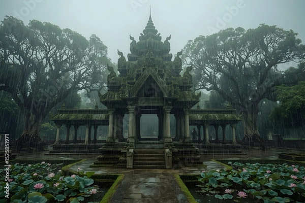Fototapeta Detail image of Ancient Temple in the Rain