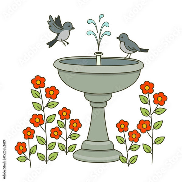 Fototapeta Garden fountain, bird bath with two birds and flower bushes around vector illustration, decorative design element, greeting card, poster.