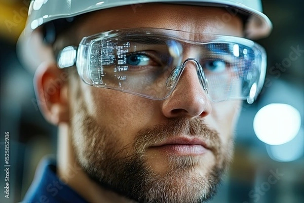 Fototapeta Industrial engineer wearing augmented reality glasses and hardhat in factory