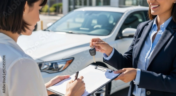 Fototapeta Car purchase process dealership transaction urban environment close-up viewpoint customer experience for first-time buyers