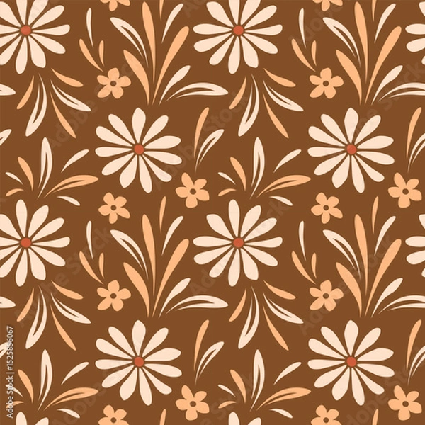 Fototapeta Retro 70s floral seamless vector pattern with daisy flowers on brown background
