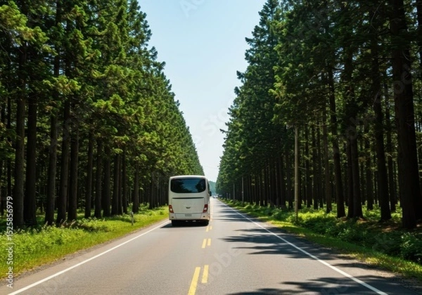 Fototapeta Bus driving on road lined with tall trees under a clear blue sky