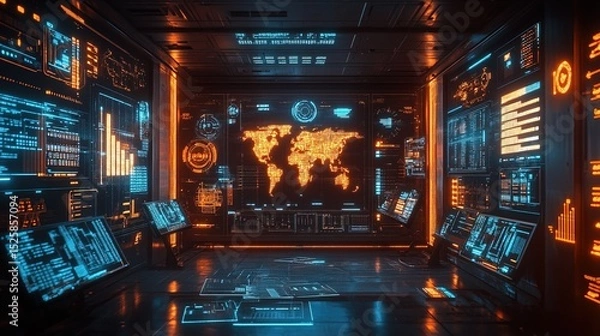 Fototapeta A high-tech office with glowing digital dashboards tracking global trade