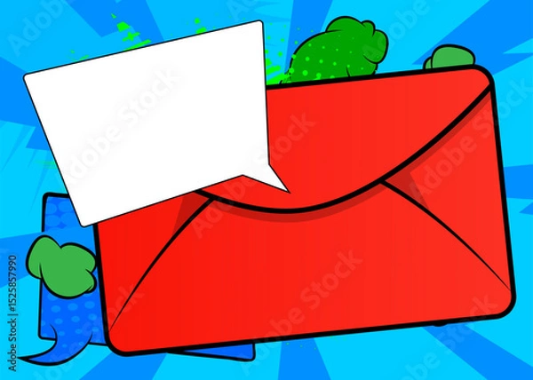 Obraz Cartoon Letter Envelope with blank speech bubble, comic book Mail background. Retro vector comics pop art design.