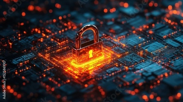 Fototapeta A glowing miniature padlock floating inside a digital matrix 
